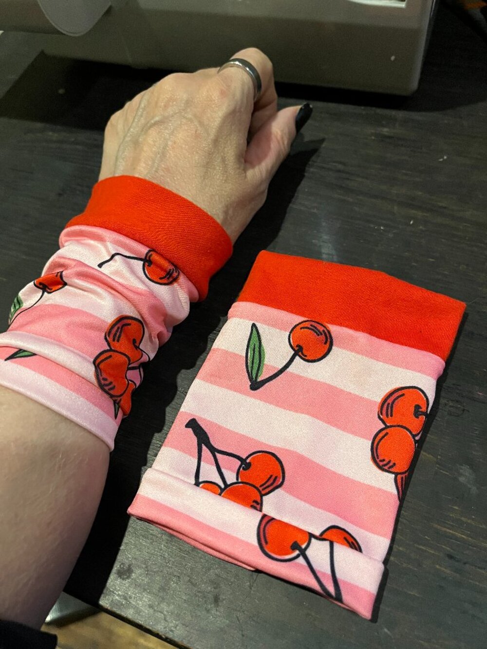 Handmade Pink Cherries Print Wrist Cuffs